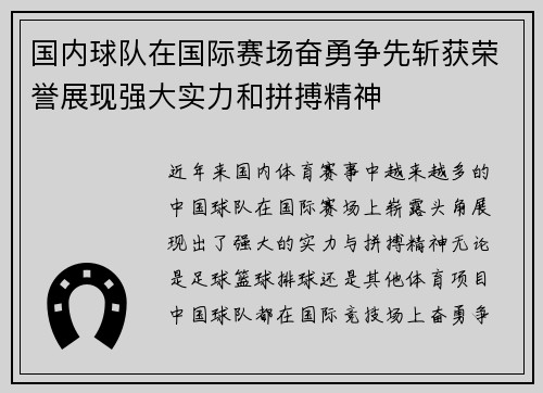 国内球队在国际赛场奋勇争先斩获荣誉展现强大实力和拼搏精神