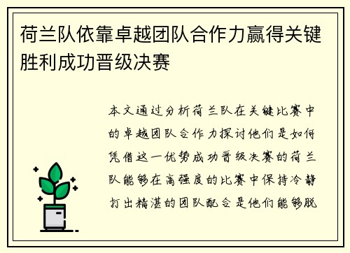 荷兰队依靠卓越团队合作力赢得关键胜利成功晋级决赛